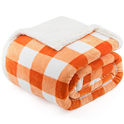 BEAUTEX Halloween Sherpa Plaid Throw Blanket Fuzzy Fluffy Cozy Soft | Fleece Flannel Plush Microfiber Blanket, Fall Decor for Couch, Bed, Sofa (50" x 60", Orange) - color: Orange, size: Throw-50"x60"