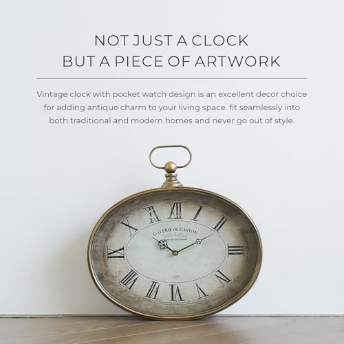 Large Decorative Wall Clock - 20 inch, Distressed Gold, Oval Pocket Watch Design, Roman Numerals, Battery Operated, Large Antique Style for Living Room, Kitchen, Bedroom Decor - size: 20''