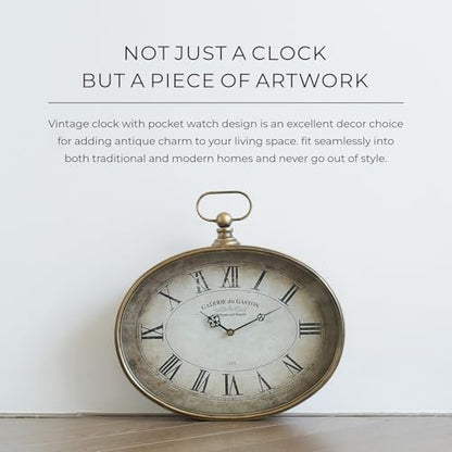 Large Decorative Wall Clock - 20 inch, Distressed Gold, Oval Pocket Watch Design, Roman Numerals, Battery Operated, Large Antique Style for Living Room, Kitchen, Bedroom Decor - size: 20''