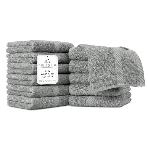 Villa Celestia Cotton Washcloths Set of 12, 12x12 Inch, 100% Ring-Spun Combed Cotton, Soft Absorbent Quick-Dry Wash Cloths for Face and Body, Oeko-TEX Certified, Hotel & Spa Quality, Grey - color: Grey, size: Washcloth - Pack of 12