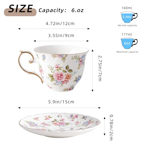 Agyiuns tea cups and saucers ceramic coffee mug 6oz set of 4 for Latte, Cafe Mocha, white with flowers - color: White and small floral-set of 4