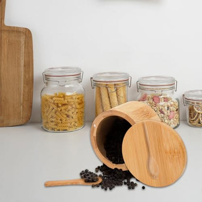 2Pcs Salt Cellar, 6 oz Round Salt Container with Lid and Spoon | Wooden Salt Container, Salt and Pepper Bowls Storage Holder Box, Seasoning Storage Bowl for Countertop Spice Sugar (Style1)