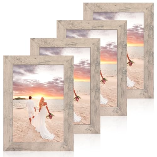 iRahmen 6x9 Picture Frame Set of 4, Smoke Gray Frame with High Definition Glass, 6 x 9 Wood Rustic Photo Frames for Horizontal or Vertical Tabletop and Wall Mounting - color: Smoke Gray, size: 6X9