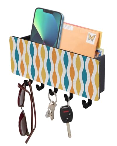 Key Holder for Wall Mid Century Abstract Art Key and Mail Holder with Shelf 5 Hooks Storage Key Organizer Rack Geometric Turquoise Yellow Wood Wall Key Hanger for Entryway Hallway Kitchen Home Decor - color: Yellow, size: Black