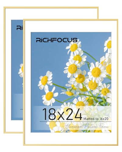 RICHFOCUS 18 x 24 Poster Frame Gold|18x24 Picture Frame with Mat for 16x20|24 x 18 Metal Aluminum Frame for Wall with Tempered Glass|Hanging Hardwares Included, Set of 2 - color: Gold, size: 18x24-2P-Tempered Glass