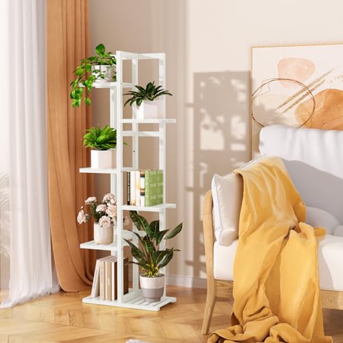 ROMGUAR CRAFT 6 Tier Bamboo Plant Stand Indoor, Wood Tall Flower Holder Corner Tiered Plant Shelf for Multiple Plants (White)