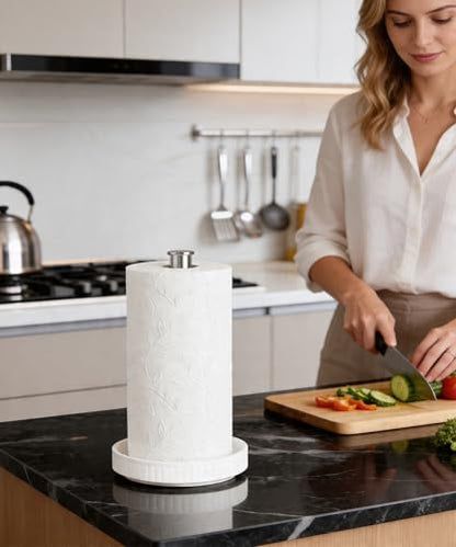 Paper Towel Holder, Ceramic Heavy Plate Base Wobble-Free, Roll Stand-Silver | Effortless Cleaning and Easy to Assemble, Super Large for Triple Rolls, High End Looking as a Good Gift for Kitchen Island - color: Silver