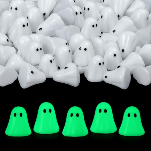 RoundFunny 50 Pcs Luminous Halloween Ghosts Miniature Resin Figurines Bulk | Mini Ghost Glow in Dark Favors, Vase Fillers Tiered Tray Table Centerpieces, Halloween Spooky Ornaments for Garden Landscape - style: Ghost