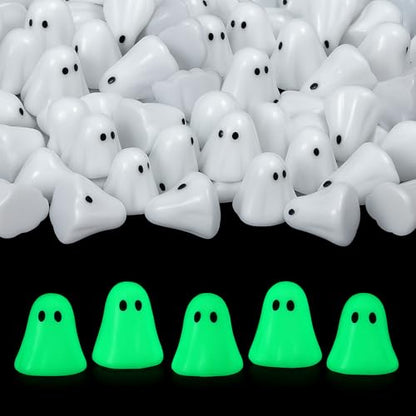 RoundFunny 50 Pcs Luminous Halloween Ghosts Miniature Resin Figurines Bulk | Mini Ghost Glow in Dark Favors, Vase Fillers Tiered Tray Table Centerpieces, Halloween Spooky Ornaments for Garden Landscape - style: Ghost