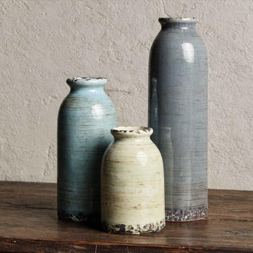 Modern Pottery Vase Set of 3, Neutral Ceramic Bottle Vases for Home Decor | Morandi colors and glazed rustic finish for flowers, table centerpieces, shelves and living rooms - color: Morandi Colors01