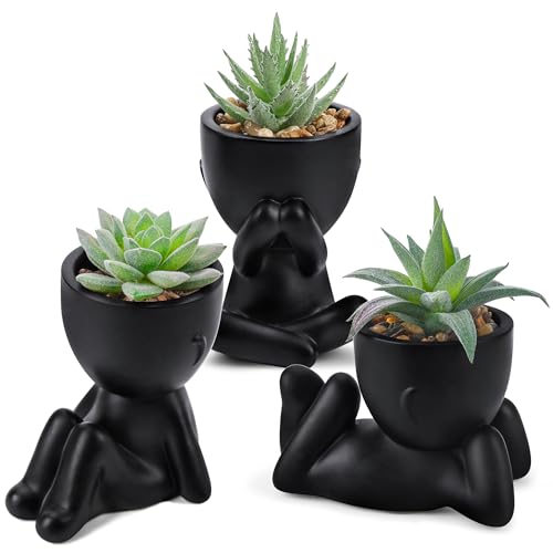 Der Rose 3 Pack Black Human Pot Fake Succulents Plants for Bathroom Decor | Cute fake succulents，matte sculptural planters, decoration for black bedroom living room decor，gothic halloween decor - color: Black