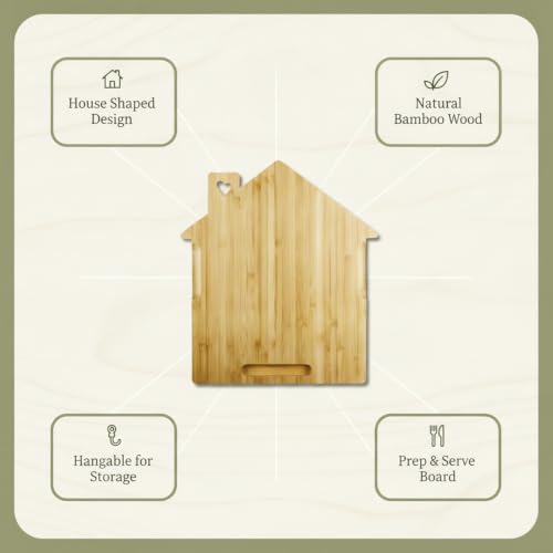 Solid Natural Bamboo Cutting Board, House-Shaped Wood Chopping Block for Kitchen Prep and Serving with Hanging Hole, 9.8 x 11 Inches