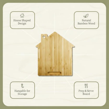 Solid Natural Bamboo Cutting Board, House-Shaped Wood Chopping Block for Kitchen Prep and Serving with Hanging Hole, 9.8 x 11 Inches