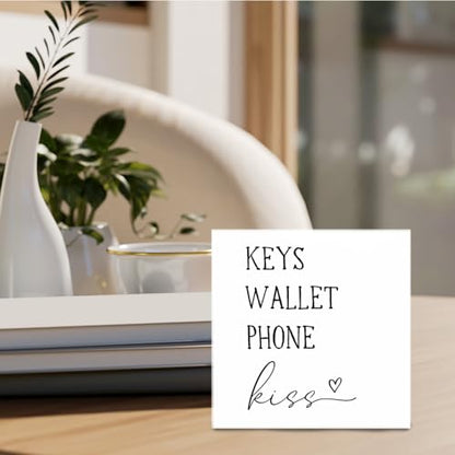 Entryway Wooden Box Sign - Keys Wallet Phone Kiss Wood Box Sign Desk Decor, Entry Way Decor, Entry Way Table Home Decor, 5 X 5 Inches