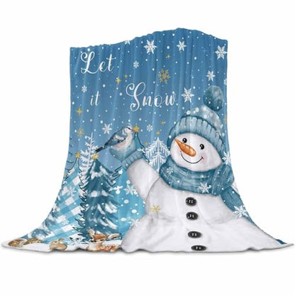 Blue Snowman Throw Blanket, Let Snow Christmas Super Soft Warm Flannel Blankets for Bed Couch Sofa Pine Trees Bird Winter Snow Scene Animal Lightweight Fluffy Plush Bed Throws 40x50 Inch - color: Blue White, size: 40''x50''
