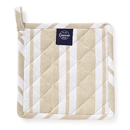 Encasa XO Pot Holders, Quilted Kitchen Hot Pads 8"x8" Franca Beige Stripes | 100% Eco-Friendly Cotton | Thick Cotton Padding Insulation | Convenient Hanging Loop | Set of 2 - color: Franca Beige Stripes