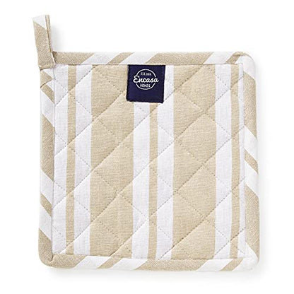 Encasa XO Pot Holders, Quilted Kitchen Hot Pads 8"x8" Franca Beige Stripes | 100% Eco-Friendly Cotton | Thick Cotton Padding Insulation | Convenient Hanging Loop | Set of 2 - color: Franca Beige Stripes