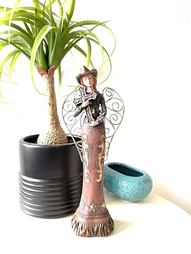 SUREG Western Cowgirl Angel Holding Cross, Family, Friend Figurine Statue Hand Painted Rustic Life-Like Detailed Home Office Decoration Poly Resin 1 Item (Holding Cross Sign) - color: Holding Cross Sign