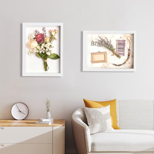 2 Pack Shadow Box Frame 11"x 14" - Wood Deep Shadowbox with Glass Shadow Boxes Display Cases Suitable for Photos, Dried Flowers, Handicrafts Picture Frames for Wall Hanging Tabletop (White) - size: 11×14-2pcs-white