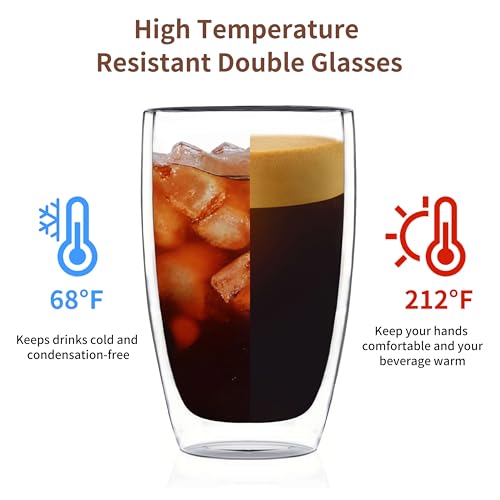 MESNEY 17 oz Double Walled Glass Coffee Mugs, Glass Coffee Mugs Set of 4, Insulated Clear Cappuccino Latte Mugs for Home, Cafe & Restaurant, Durable Stackable Drinking Glasses - size: 17 Ounces 4 pieces