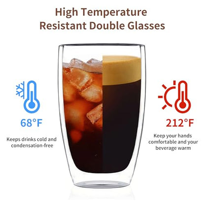 MESNEY 17oz Double Walled Glass Coffee Mugs, Glass Coffee Mugs Set of 2, Insulated Clear Cappuccino Latte Mugs for Home, Cafe & Restaurant, Durable Stackable Drinking Glasses - size: 17 Ounces 2 pieces