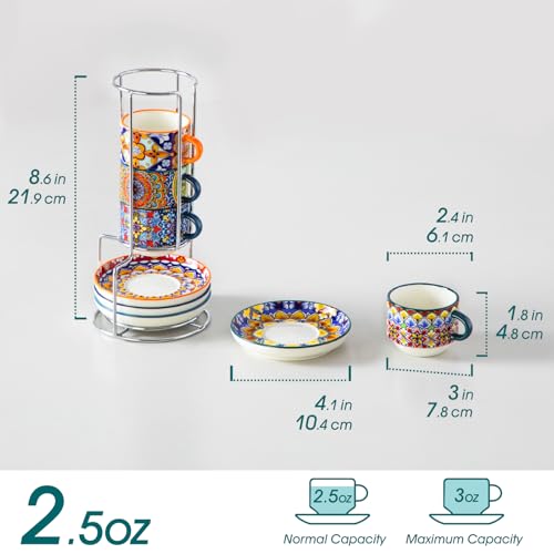 vancasso 2.5 Oz Stackable Espresso Cup Set of 4, Ceramic with Saucers | Microwave and Dishwasher Safe, Easy Clean, For Cappuccino, Tea, Latte, and Espresso, Bohemian Design with Metal Display Stand - size: 2.5 Oz
