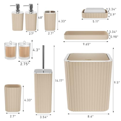 XLHOMO Bathroom Accessories Set - Gorgeous Beige Bathroom Set, 10PC Bathroom Accessory Set, Toilet Brush, Trash Can & Soap Dispenser - size: Bath Set, style: Beige&Silver