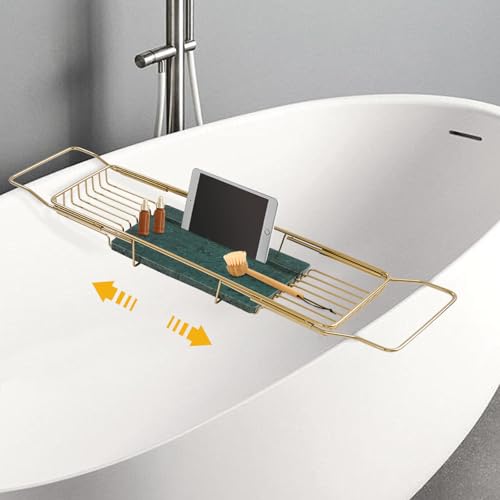 Expandable Bathtub Tray Caddy for Luxury Bath, Extra Wide Acrylic Tub Tray with Natural Marble Board, Waterproof Bath Tub Shelf for Phone, Wine, Book, Tablet Stand - Ideal Home Spa (Gold, Green) - color: Gold, Green