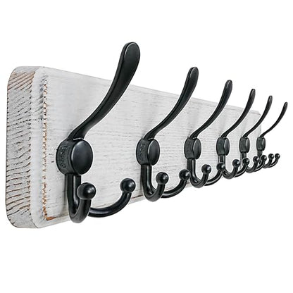 Coat Rack Wall Mounted - 24" Long 6 Tri Hooks, Heavy Duty Wooden Wall Coat Hanger Coat Hook for Clothes Hat Jacket Clothing, White and Black - color: White & Black, size: L=24"