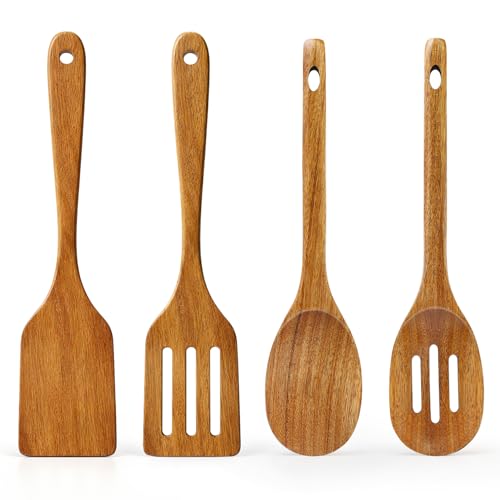 Acacia Wood Kitchen Utensils Set Non Toxic Wooden Spoon for Cooking Spatula | Large Cooking Utensil Teak Slotted Spoon Ladle Kitchen Tool Flat Wood Spatula Turner Mixing Serving Spoons Wooden Utensils - color: 4 PCS SET