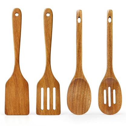 Acacia Wood Kitchen Utensils Set Non Toxic Wooden Spoon for Cooking Spatula | Large Cooking Utensil Teak Slotted Spoon Ladle Kitchen Tool Flat Wood Spatula Turner Mixing Serving Spoons Wooden Utensils - color: 4 PCS SET