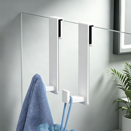 HUFEEOH White L-Shape Shower Door Towel Hooks, 2-Pack, 3/8-Inch Fit | Stainless Steel Over-Glass Hangers, Robe and Bath Linen Storage, Frameless Shower Panel Placement - color: White, size: Fits 3/8" Thick Door - "L" Shape 2 Pack