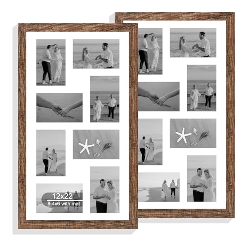 Hongkee 12x22 Picture Frame Set of 2, Rustic Brown with Glass Collage Frame, Display Eight Opening 4x6 Photos With Mat or 12 x 22 Newspaper Without Mat - Horizontal or Vertical Wall Mounting - color: Rustic Brown, size: 12x22 in matted to 8-4x6