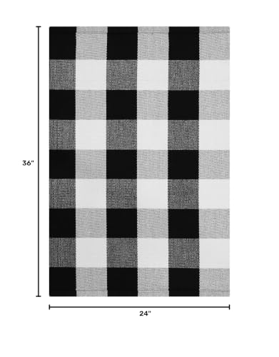 KOZYFLY Buffalo Plaid Area Rugs 2x3 Ft Black and White Checkered Rug Washable Front Door Mat Hand Woven Cotton Outdoor Rug Small Rug for Front Porch Kitchen Entryway Patio Bathroom | Washable Front Door Mat, Woven Cotton Outdoor Rug, Indoor Small Rug for