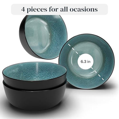 Stoneware Cereal Bowls Set of 4, 27 oz Scratch Resistant Ceramic Soup Bowl | Dishwasher & Microwave Safe Stoneware Bowls, Reactive Glaze Coating, Modern Kitchen Bowl Set, Dark / Petrol Blue - color: Petrol Blue, size: Set (4pcs)