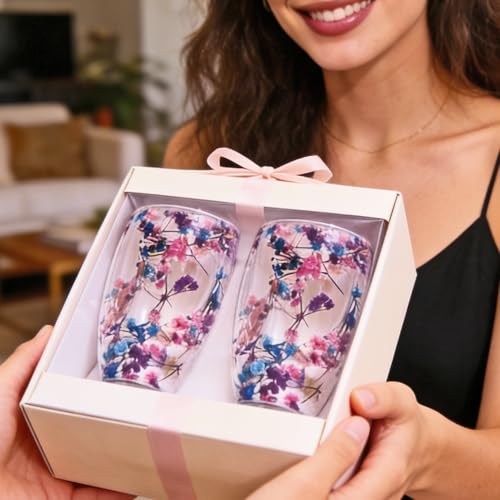Viovian 13oz Double Wall Glass Coffee Mugs Set of 2 Insulated Glass Coffee Cups with Handles,Clear Dried Flower Tea Mug for Hot Beverages,Tea Cup Women Birthday Gifts - color: 13oz double wall glass mugs set of 2（Starry Sky）