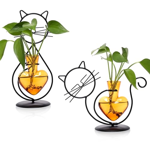 Plant Terrarium Propagation Station Gifts for Women Cat Lover | Plant Lovers Home Office Decor Cat Desk Accessories - color: Amber