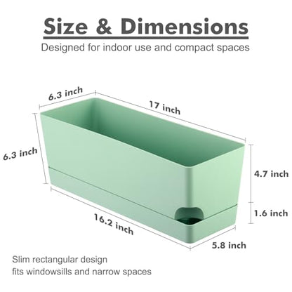 Party Zealot Window Boxes Planters, 3 Pack Self Watering Pots for Indoor Plants 17 Inch Rectangular Planter Rectangle Flower Pots Long Plant Pot Large Window Sill Herb Planter Box, Green - color: Green