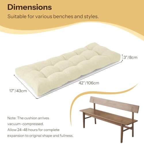 Bench Cushions for Indoor Furniture 42"X17"X3", 1 PC, Cream | 3"/8 cm Thick, Soft Non-Slip Window Seat Cushion, Tufted Bench Seat Cushion for Dining, Piano Benches and Window Seats - color: Cream