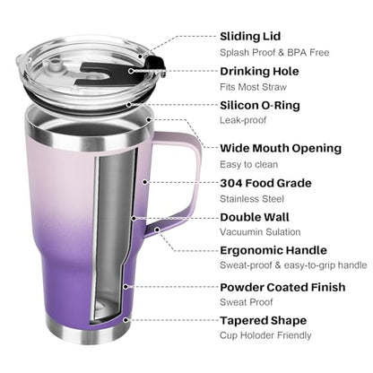 20 oz Tumbler with Handle, Stainless Steel Insulated Tumbler with Lid and Straw, Double Wall Vacuum Coffee Mug Tumbler, Insulated Coffee Thermal Cup for Cold and Hot (Light Dark Purple, 20, ounces) - color: Light Dark Purple, size: 20 Ounces