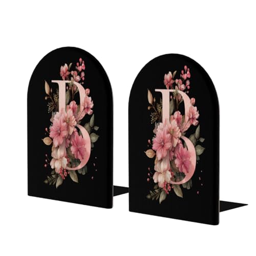 Wood Book Ends for Shelves Botanical Floral Alphabet B Bookends for Heavy Books CDs Organizer Decorative Wooden Book Stopper Holders for Home Office Desk,6.7x4.2x4in Set of 2 - color: Floral B, size: 6.7x4.2x4inx2PCS