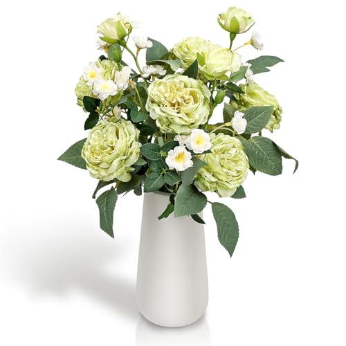 Fake Flowers in Vase, 16 Inch, Home Office Decor | Peonies Bouquet with White Ceramic Vase, Fake Plant Flowers Arrangements for Living Room Dining Table, Sage Green - color: Sage Green