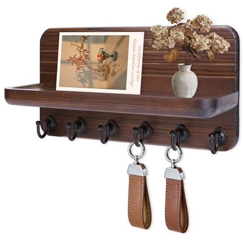 Key Holder for Wall, Mail Organizer Wall Mount with 6 Hooks Wooden Hanging Key Rack for Home Decor, Hallway, Entryway (Brown) - color: Brown