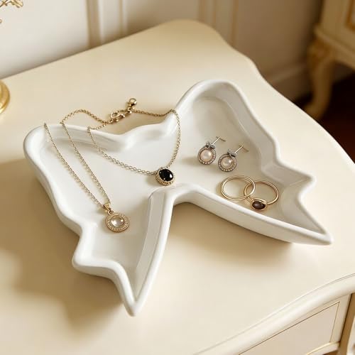5.79" x5.32" x 0.83" Jewelry White Dish Bow Tray Ceramic Ring Holder Seastarfish Bowl Cute Jewelry Organize Key Storage Tray Decorative Trays for Home Decor Porcelain Jewelry Deco - color: White Bow Decorative Tray