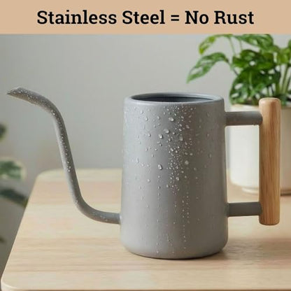 Metal Small Indoor Watering Can with Long Spout & Real Wood Handle, 35oz | Long Spout, Stainless Steel, Real Wood Handle, Gentle Flow, No Spills, Suitable for House Plants, Succulents & Seedlings - color: Gray