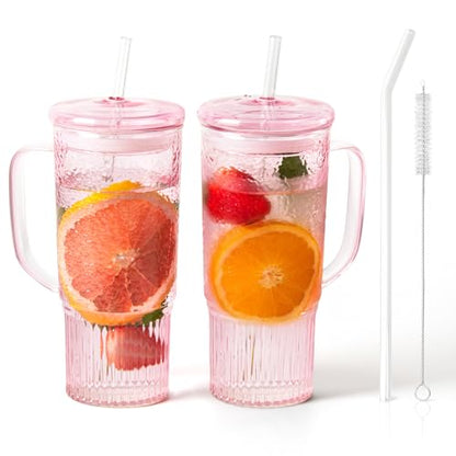 JunVpic Glass Tumbler, 24 oz Glass Cup with Lid, Straw and Handle | Pink glass design, Hammered Texture, reusable straw and lid for iced coffee, tea, smoothies and hot & cold drink - color: Pink, size: 24oz