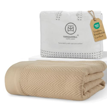 Threadmill Luxury Cotton Blankets for Twin Size Bed | All-Season 100% Cotton Twin Blanket for Bed | Herringbone, Soft & Cozy Fall Thermal Blanket, 350GSM, 68x92 inches | Beige | 100% Cotton, Herringbone Pattern, 350 GSM, 68x92 in, Breathable, Moisture-Wic