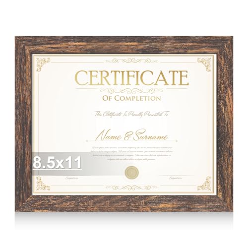 Hongkee 8.5x11 Picture Frame, Real Glass and Wood (Rustic Brown, 1 Pack) | Fits 8.5 x 11 Certificate for Wall or Tabletop Display - Includes Easel Back, Vertical Hang - Ideal for Home, Office - color: Rustic Brown, size: 8.5X11 in