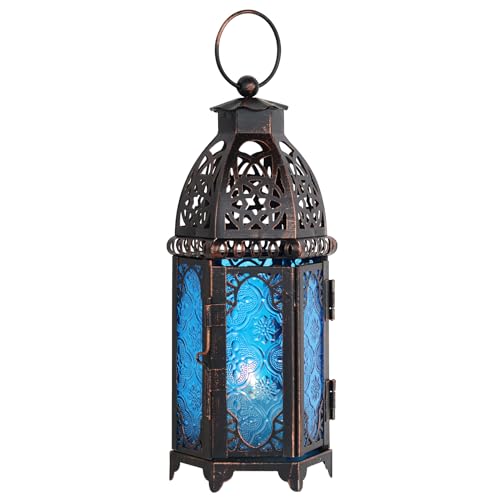 NEEDOMO Hanging Moroccan Lantern, 11'' Vintage Candle Holder, Metal Lanterns Decorative Indoor Outdoor, Table, Patio, Porch, Shelf, Gothic Home Decor (Blue, Medium Size) - color: Blue, size: Medium