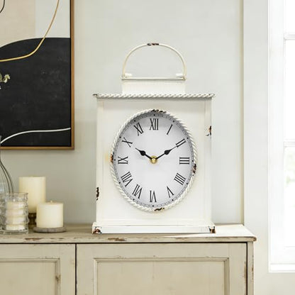 Vintage Mantel Clock, Large Rustic Distressed Metal Table Clock with Handle, Silent Non-Ticking Quartz Movement, Whitewashed Fireplace Shelf Desk Clock for Living Room Bedroom Office - style: White Clock